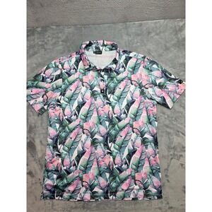 Bad Birdie Mens XL Golf Polo Tropical Banana Leaf Pink Green Short Sleeve